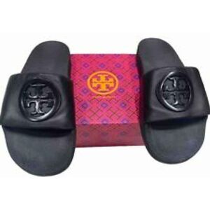 Tory Burch Designer Lina Leather Logo Slide Sandal In Navy Blue Size 5